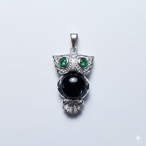 Owl Charm 925 Sterling Silver CAH Rhodium Plated Black Onyx Green Cubic Zirconia